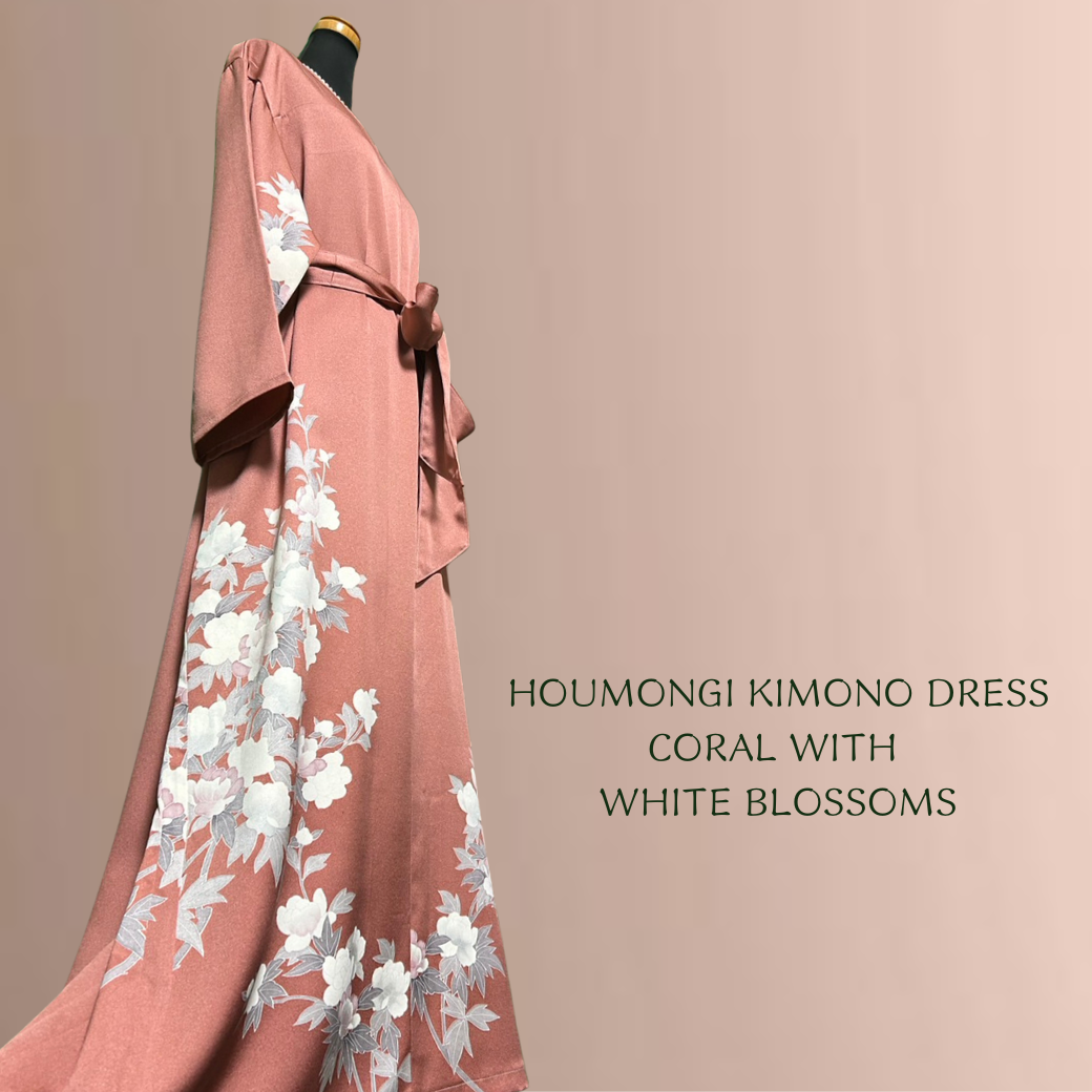 Houmongi Kimono Dress – Coral with White Blossoms