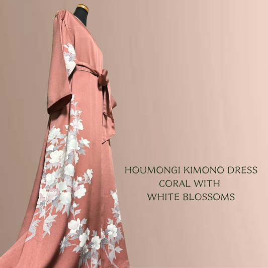 Houmongi Kimono Dress – Coral with White Blossoms