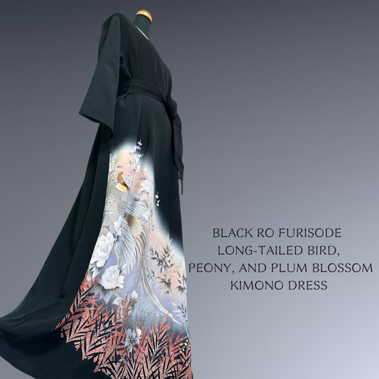 Black Ro Furisode Long-tailed Bird, Peony, and Plum Blossom Kimono Dress