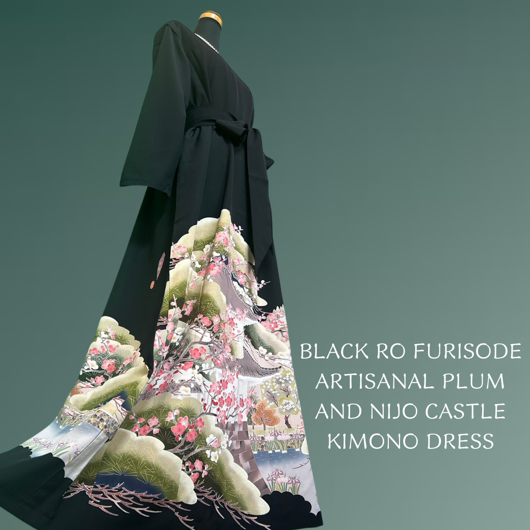 Black Ro Furisode Artisanal Plum and Nijo Castle Kimono Dress