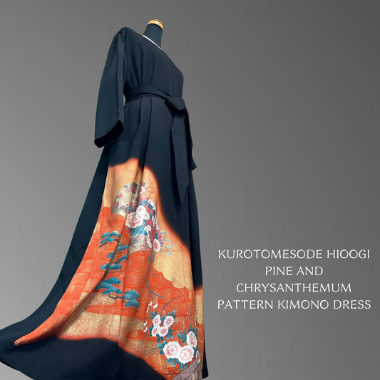 Kurotomesode Hioogi Pine and Chrysanthemum Pattern Kimono Dress