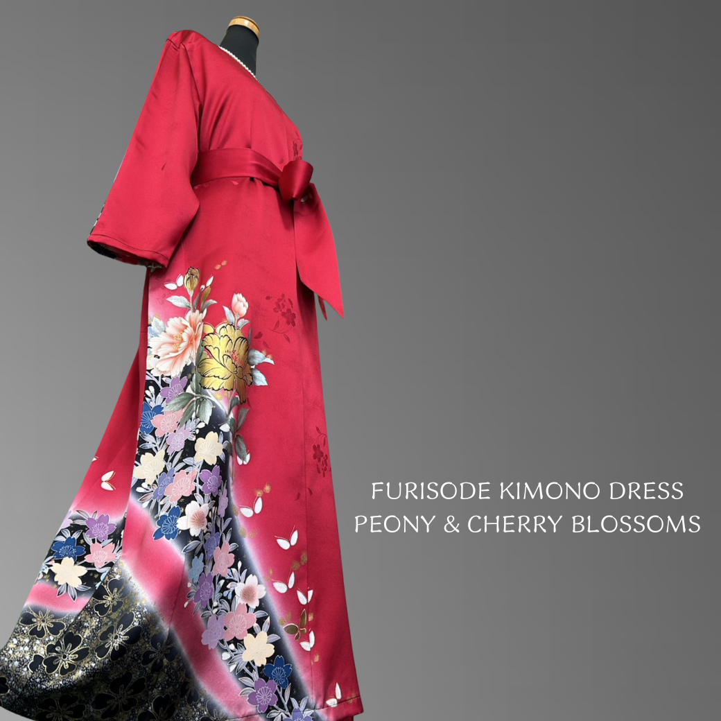 Furisode Kimono Dress – Peony & Cherry Blossoms