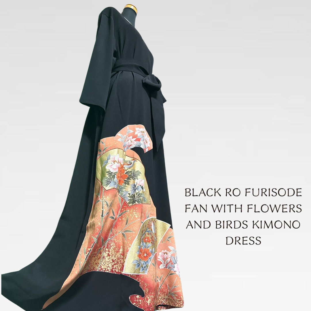 Black Ro Furisode Fan with Flowers and Birds Kimono Dress