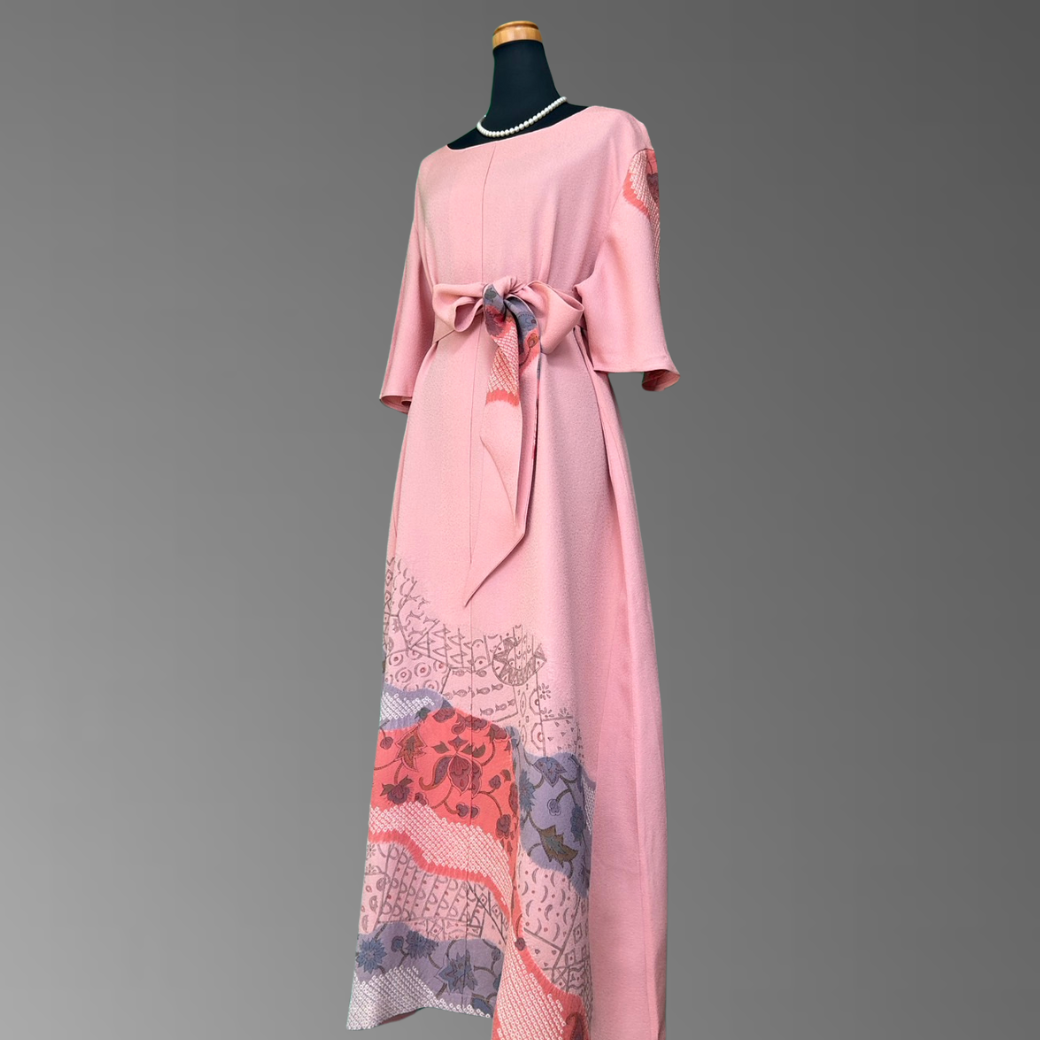 Iro-tomesode Kimono Dress with Partial Shibori and Oriental Motif