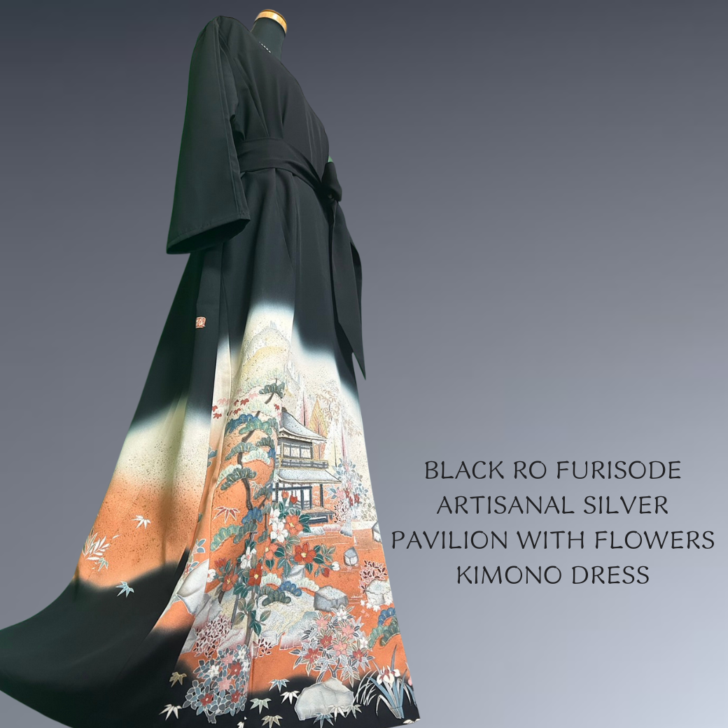 Black Ro Furisode Artisanal Silver Pavilion with Flowers Kimono Dress