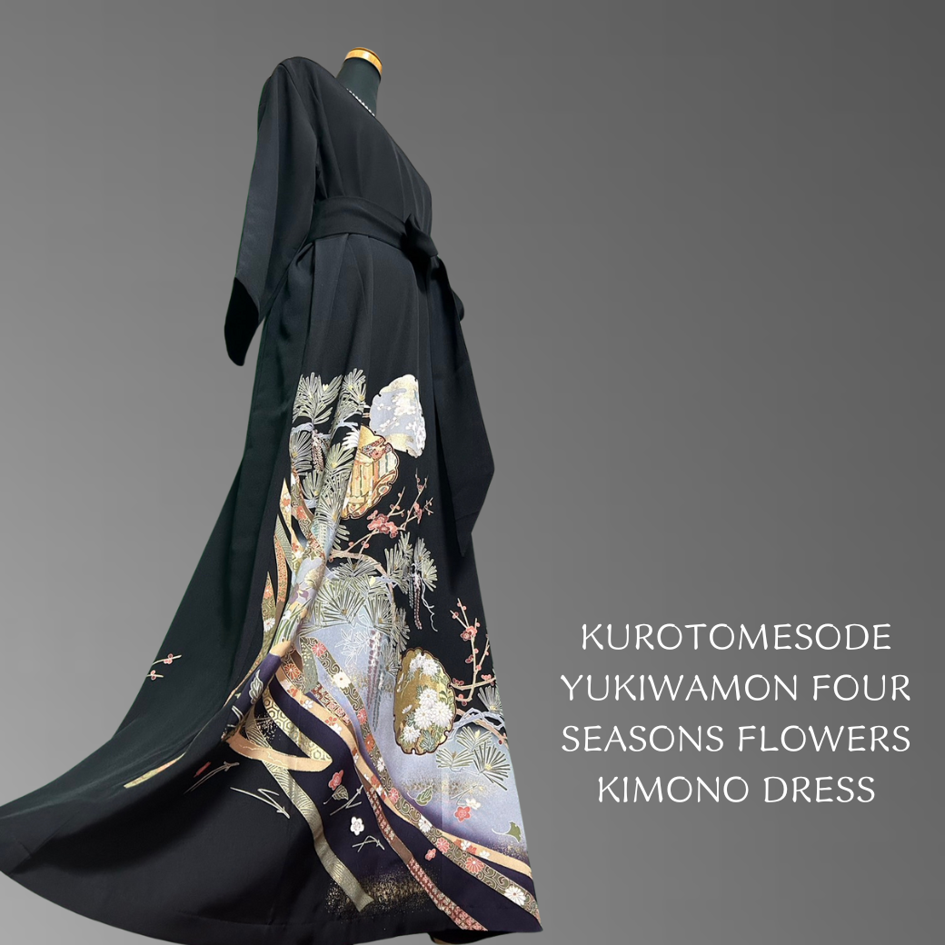 Kurotomesode Yukiwamon Four Seasons Flowers Kimono Dress