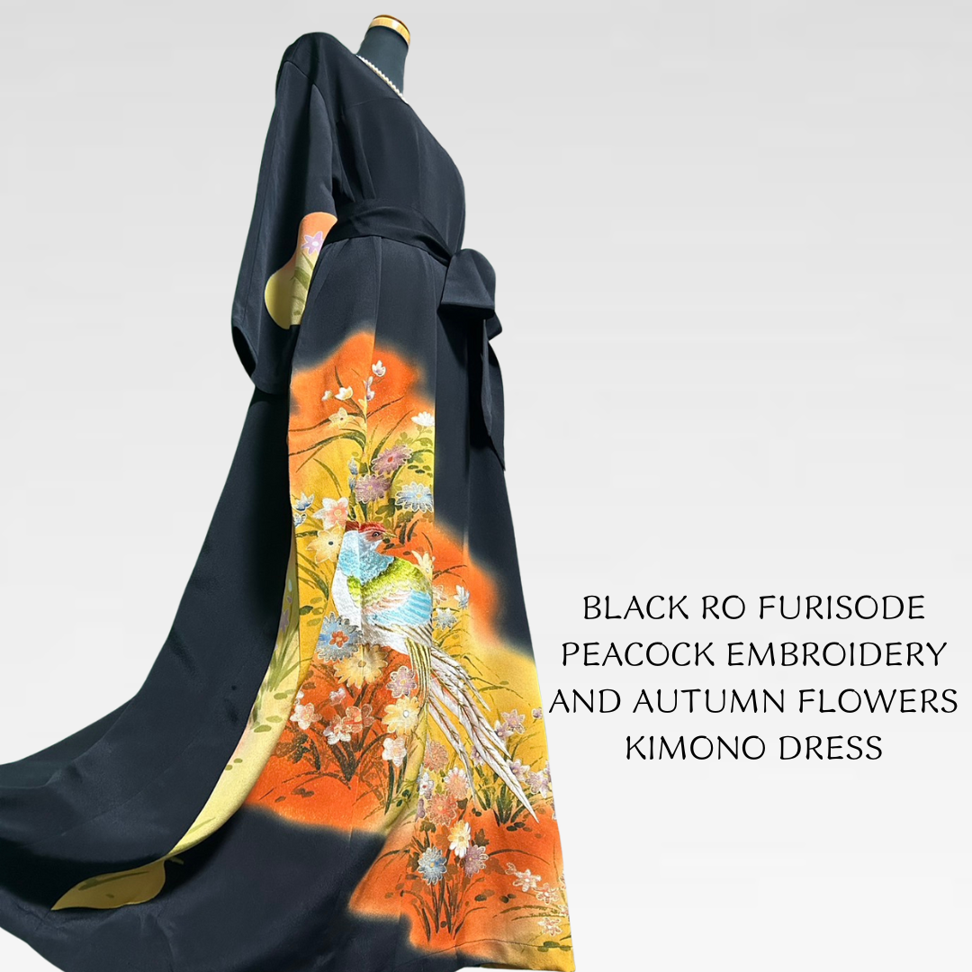 Black Ro Furisode Peacock Embroidery and Autumn Flowers Kimono Dress