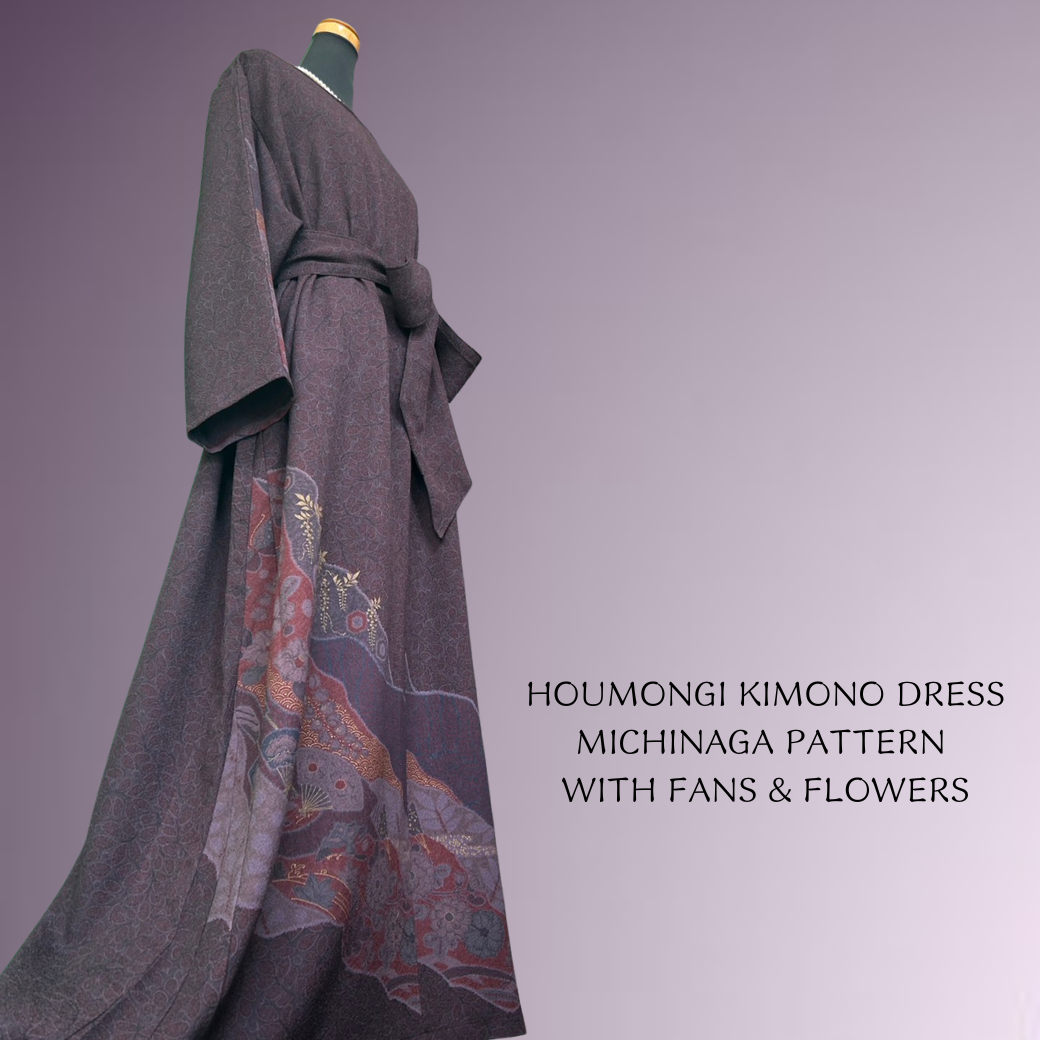 Houmongi Kimono Dress – Michinaga Pattern with Fans & Flowers
