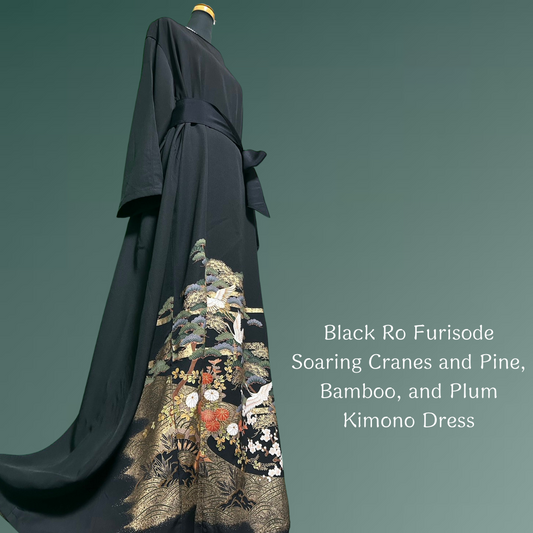 Black Ro Furisode Soaring Cranes and Pine, Bamboo, and Plum Kimono Dress