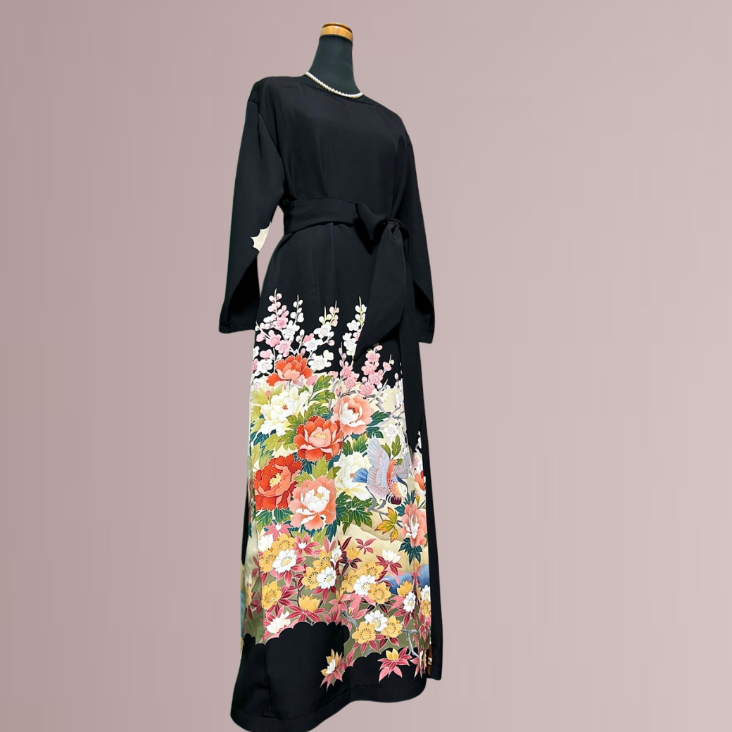 Black Ro Furisode Artisanal Peony and Lovebirds Pattern Kimono Dress