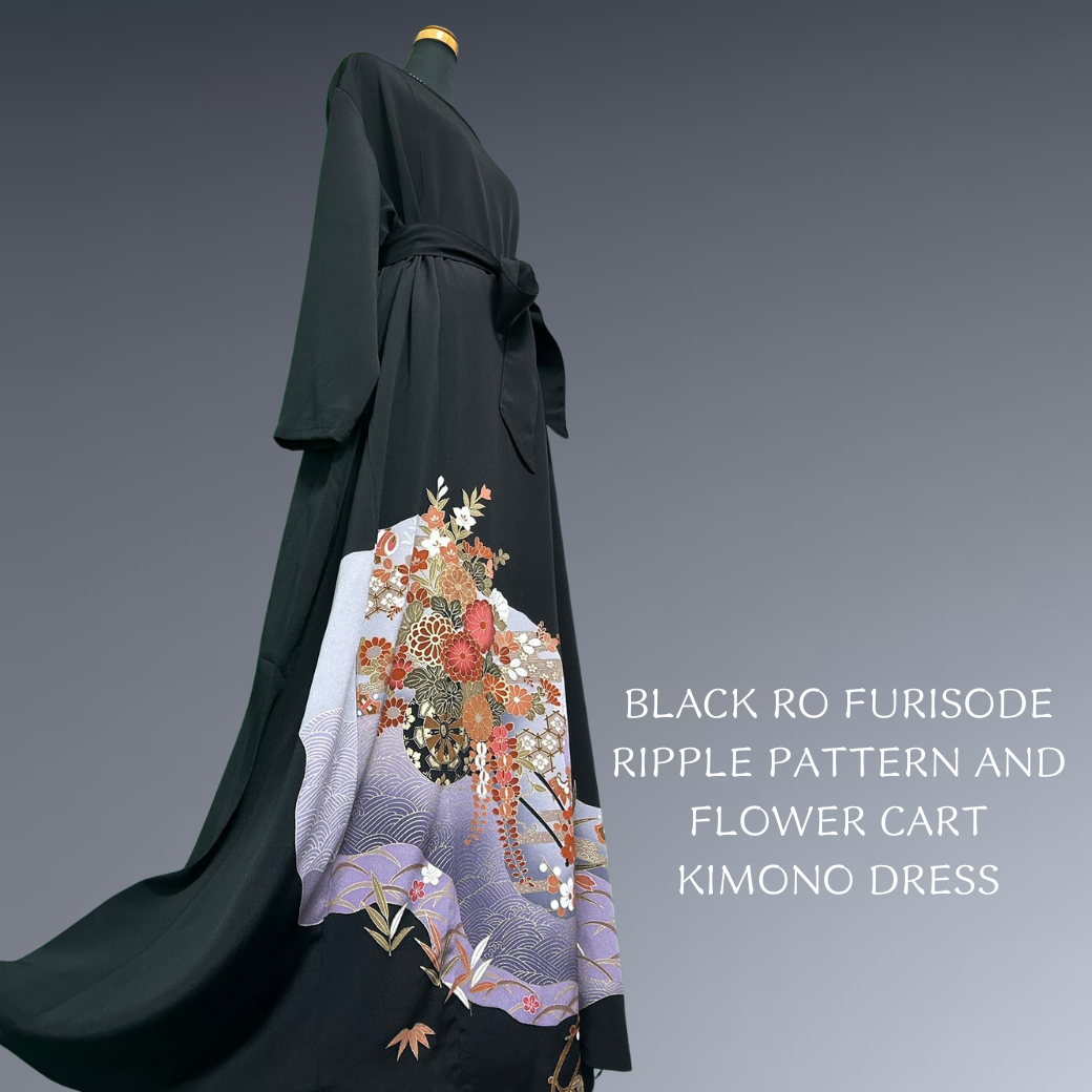 Black Ro Furisode Ripple Pattern and Flower Cart Kimono Dress