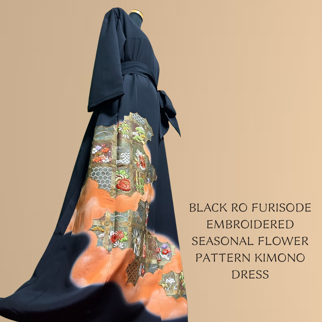 Black Ro Furisode Embroidered Seasonal Flower Pattern Kimono Dress