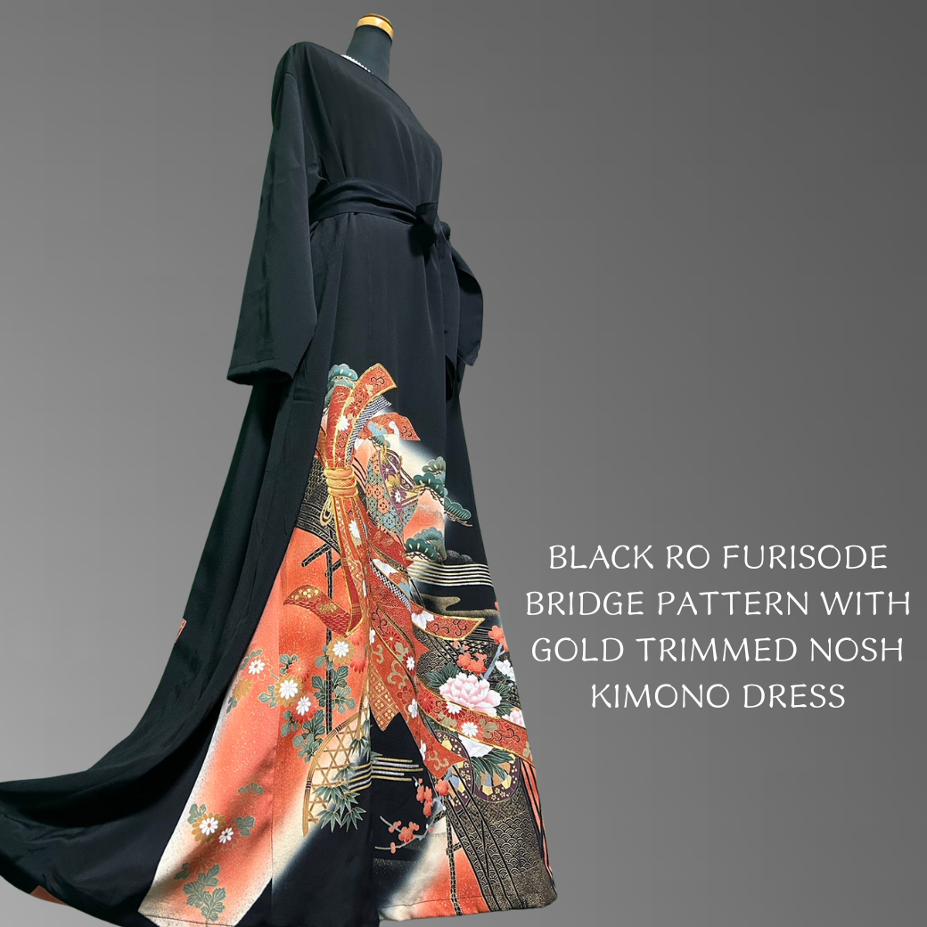 Black Ro Furisode Bridge Pattern with Gold Trimmed Nosh Kimono Dress