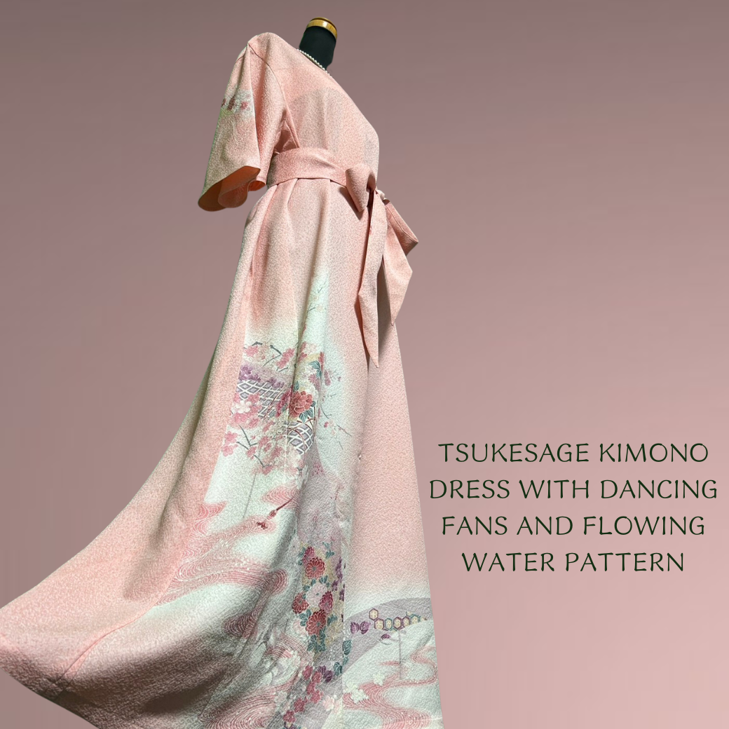 Tsukesage Kimono Dress with Dancing Fans and Flowing Water Pattern