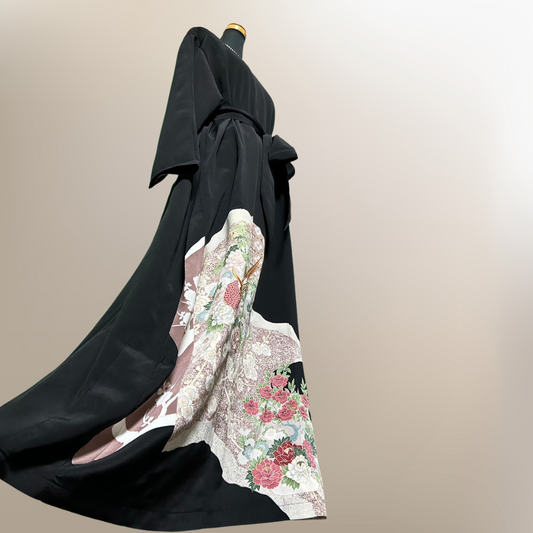 Black Ro Furisode Peacock, Peony, and Plum Blossom Pattern Kimono Dress