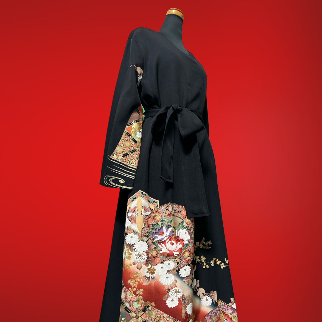 Kimono dress with flowers and cranes