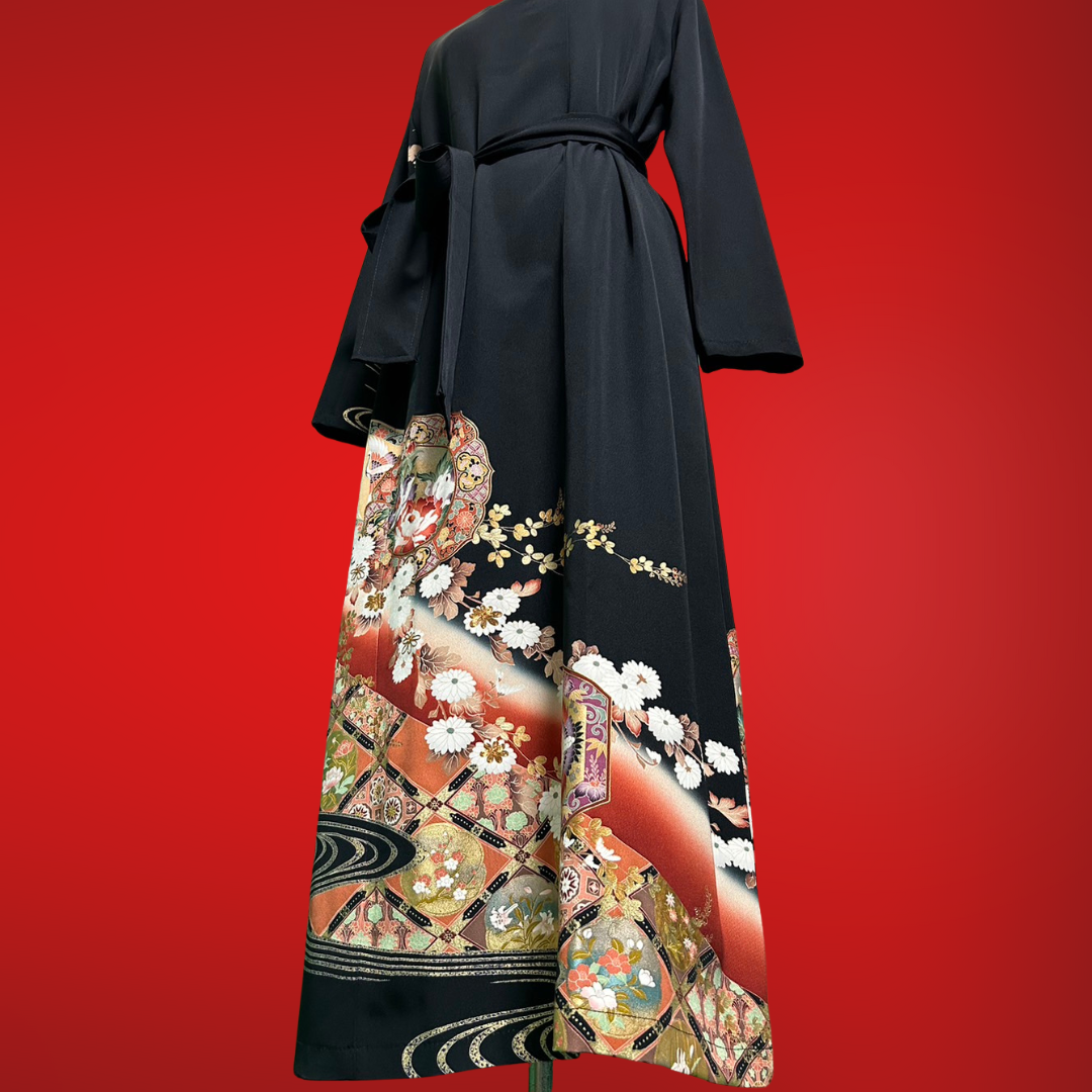 Kimono dress with flowers and cranes