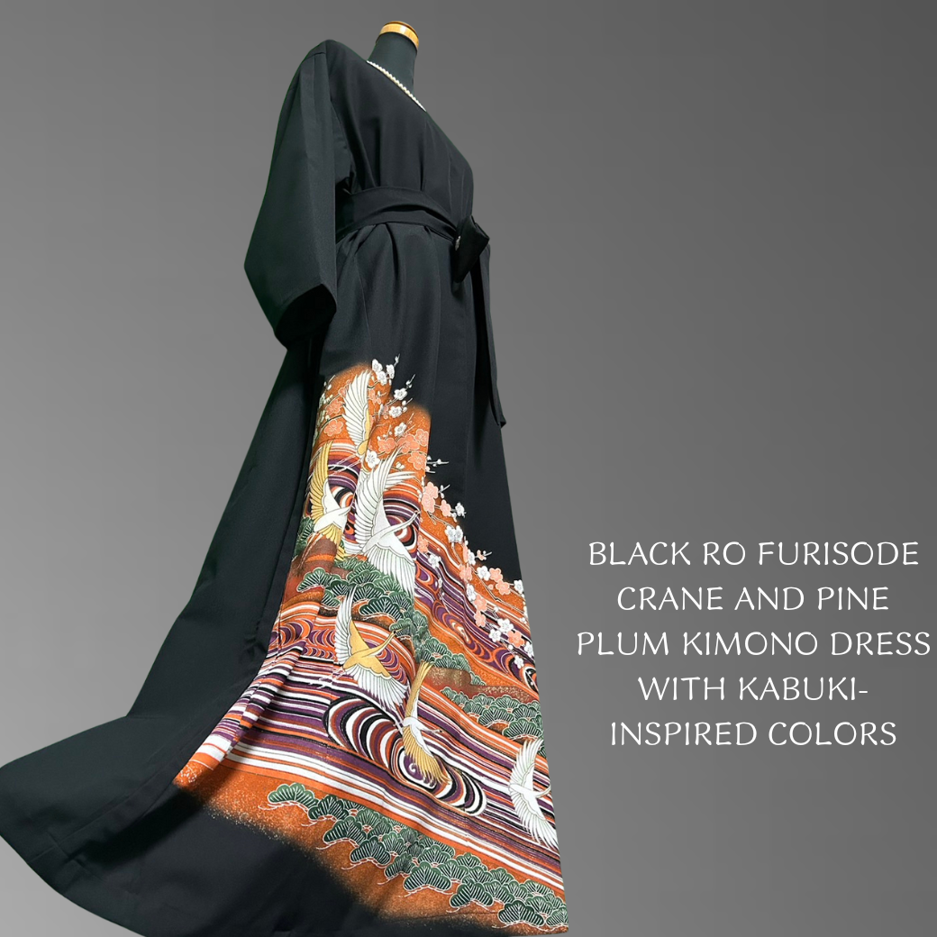 Black Ro Furisode Crane and Pine Plum Kimono Dress with Kabuki-Inspired Colors