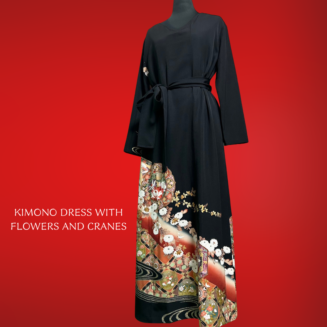 Kimono dress with flowers and cranes