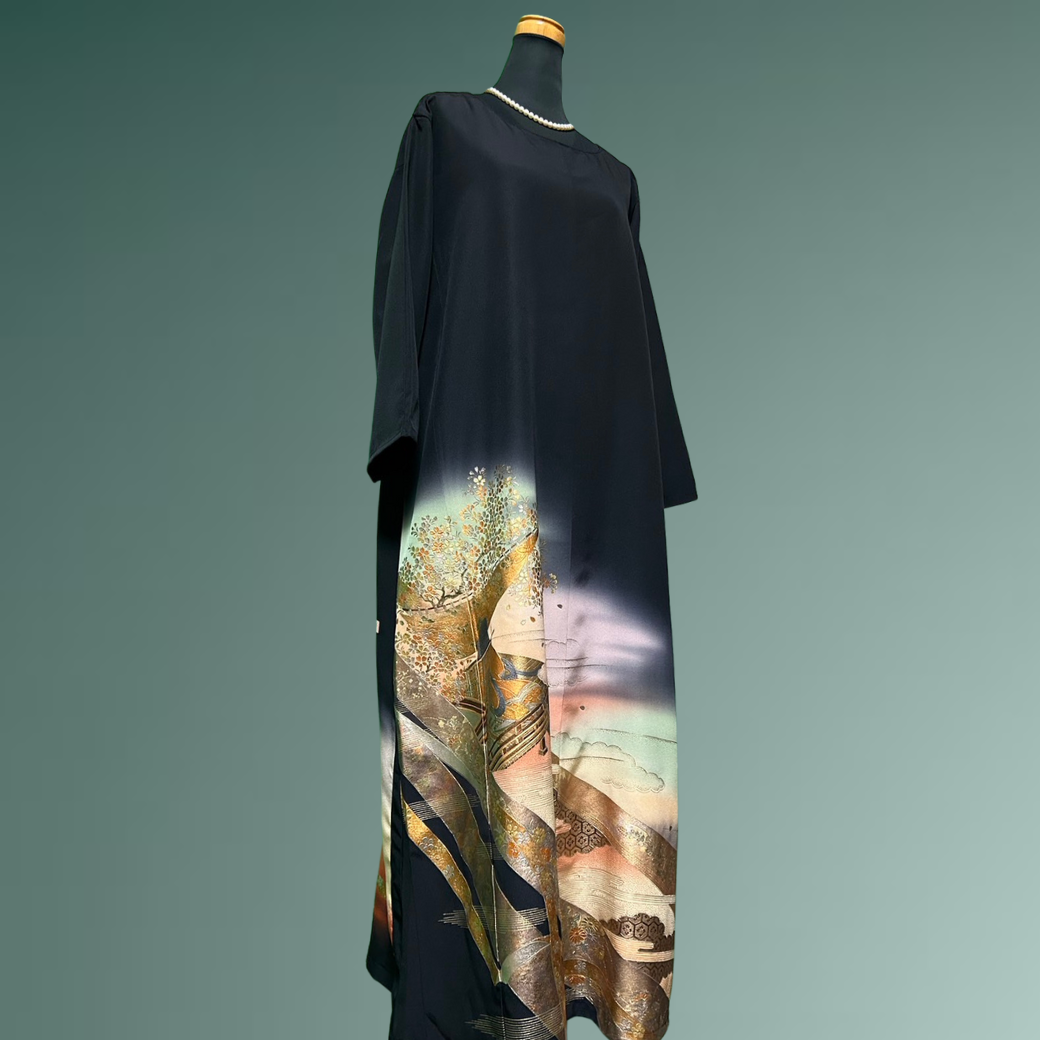 Black Ro Furisode Artisanal Murasaki Shikibu Kimono Dress