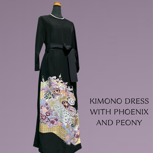 Kimono dress with phoenix and peony