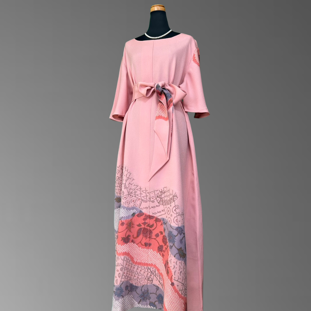 Iro-tomesode Kimono Dress with Partial Shibori and Oriental Motif