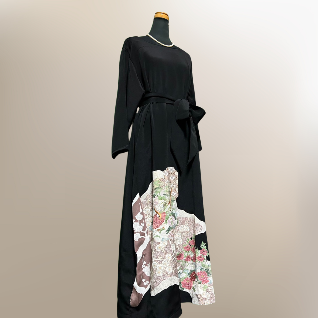 Black Ro Furisode Peacock, Peony, and Plum Blossom Pattern Kimono Dress