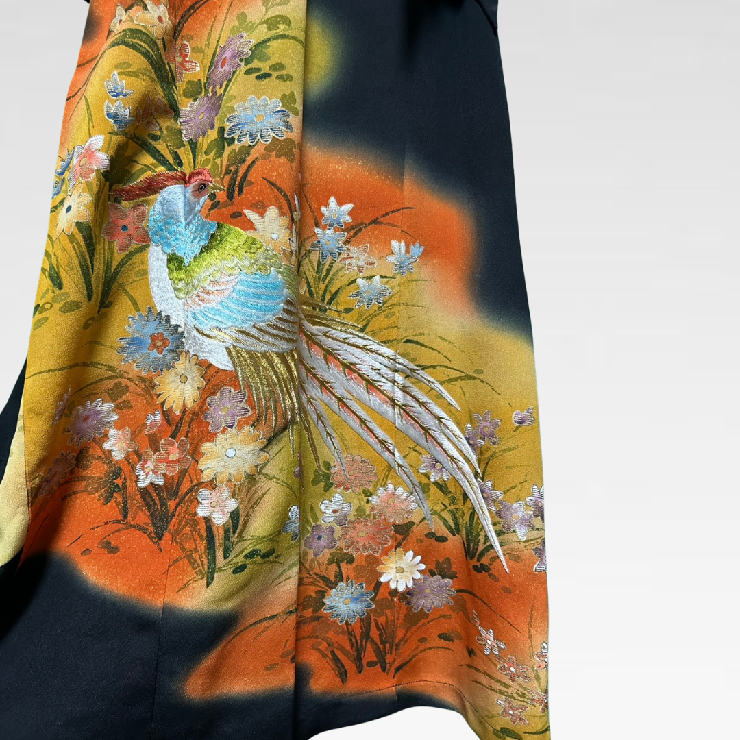 Black Ro Furisode Peacock Embroidery and Autumn Flowers Kimono Dress