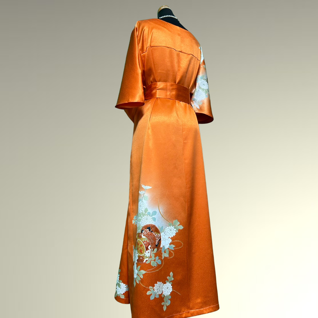 Furisode Kimono Dress with Embroidered Drum and Peony Motifs