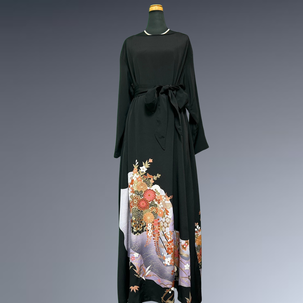 Black Ro Furisode Ripple Pattern and Flower Cart Kimono Dress