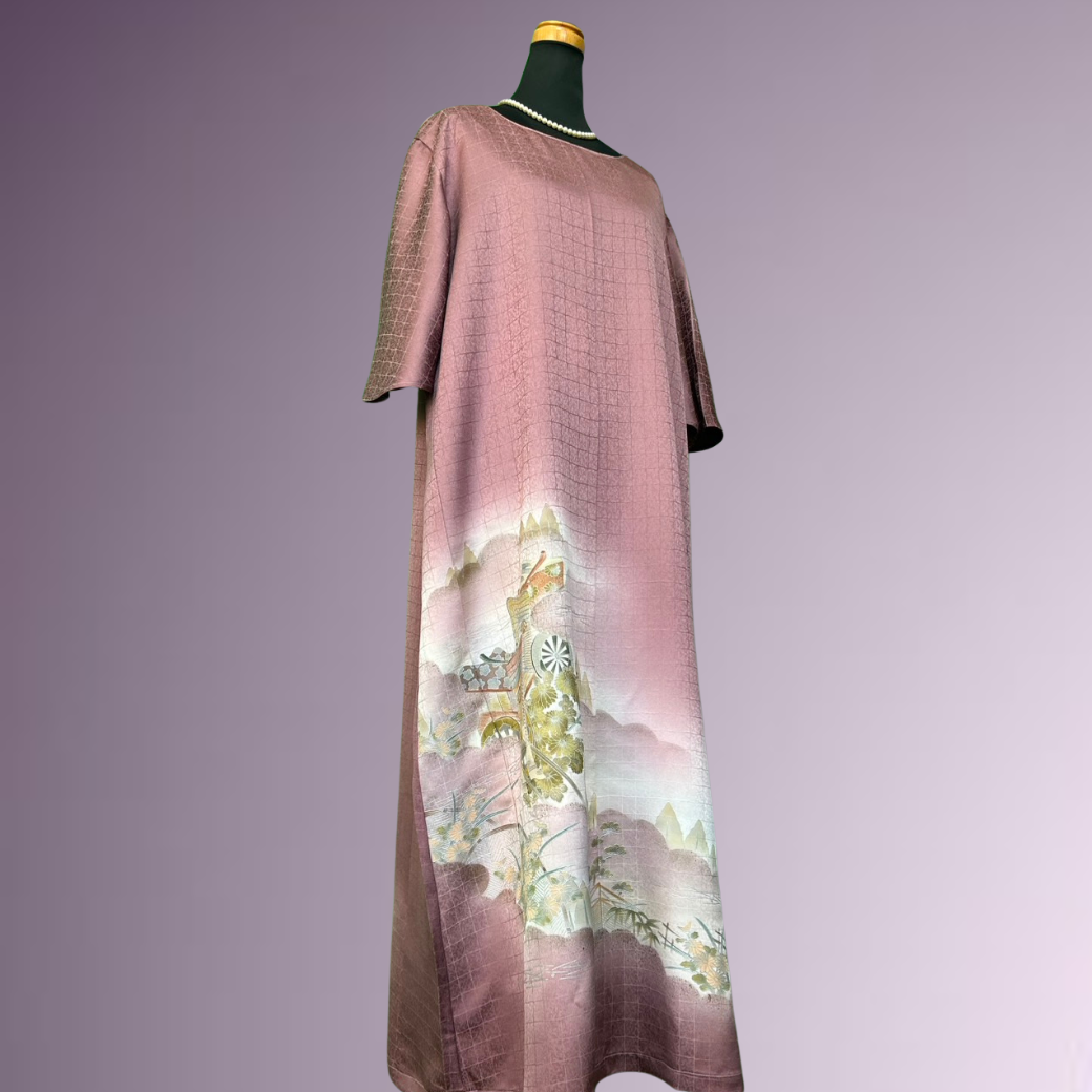 Tsukesage Kimono Dress with Gosho Carriage and Floral Fence Pattern