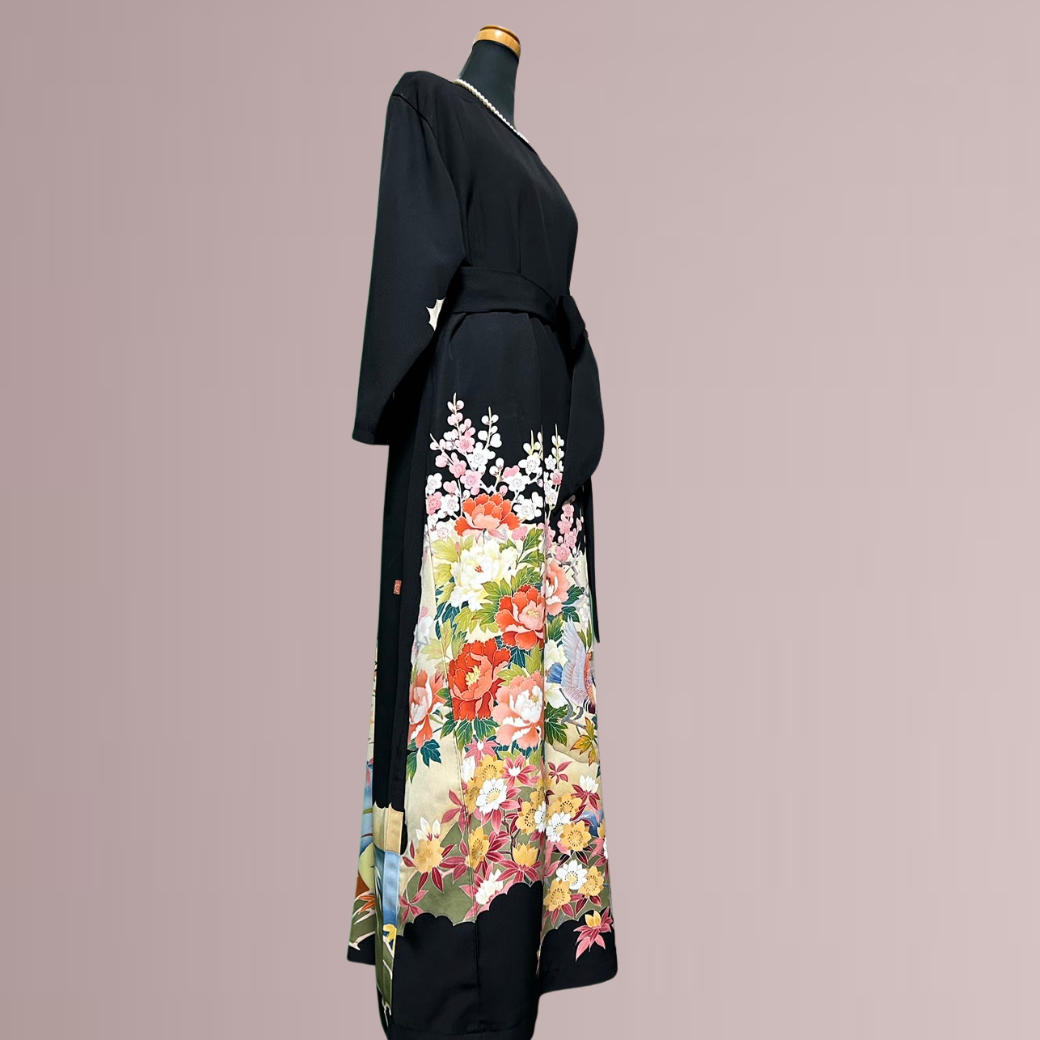 Black Ro Furisode Artisanal Peony and Lovebirds Pattern Kimono Dress