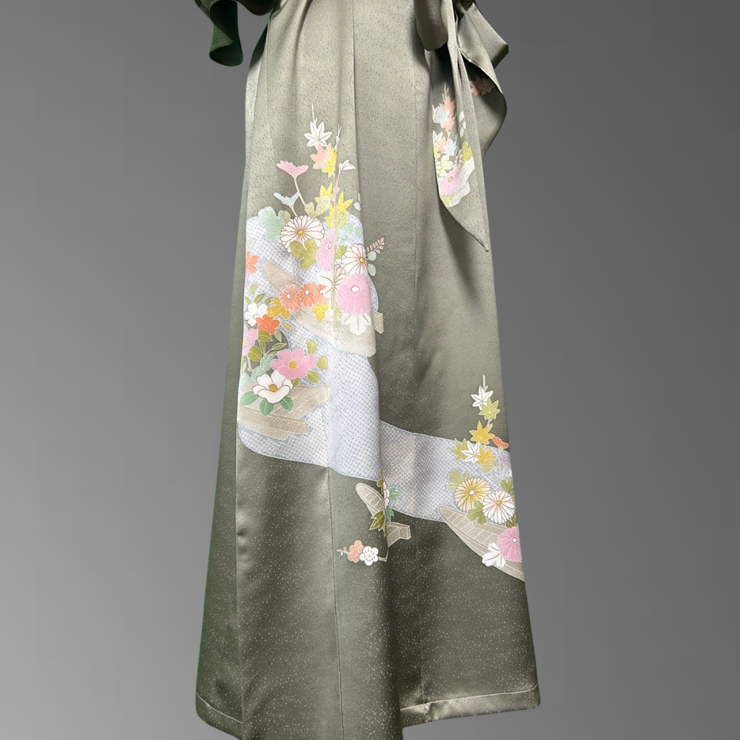 Tsukesage Kimono Dress with Floral and Small Boat Motif