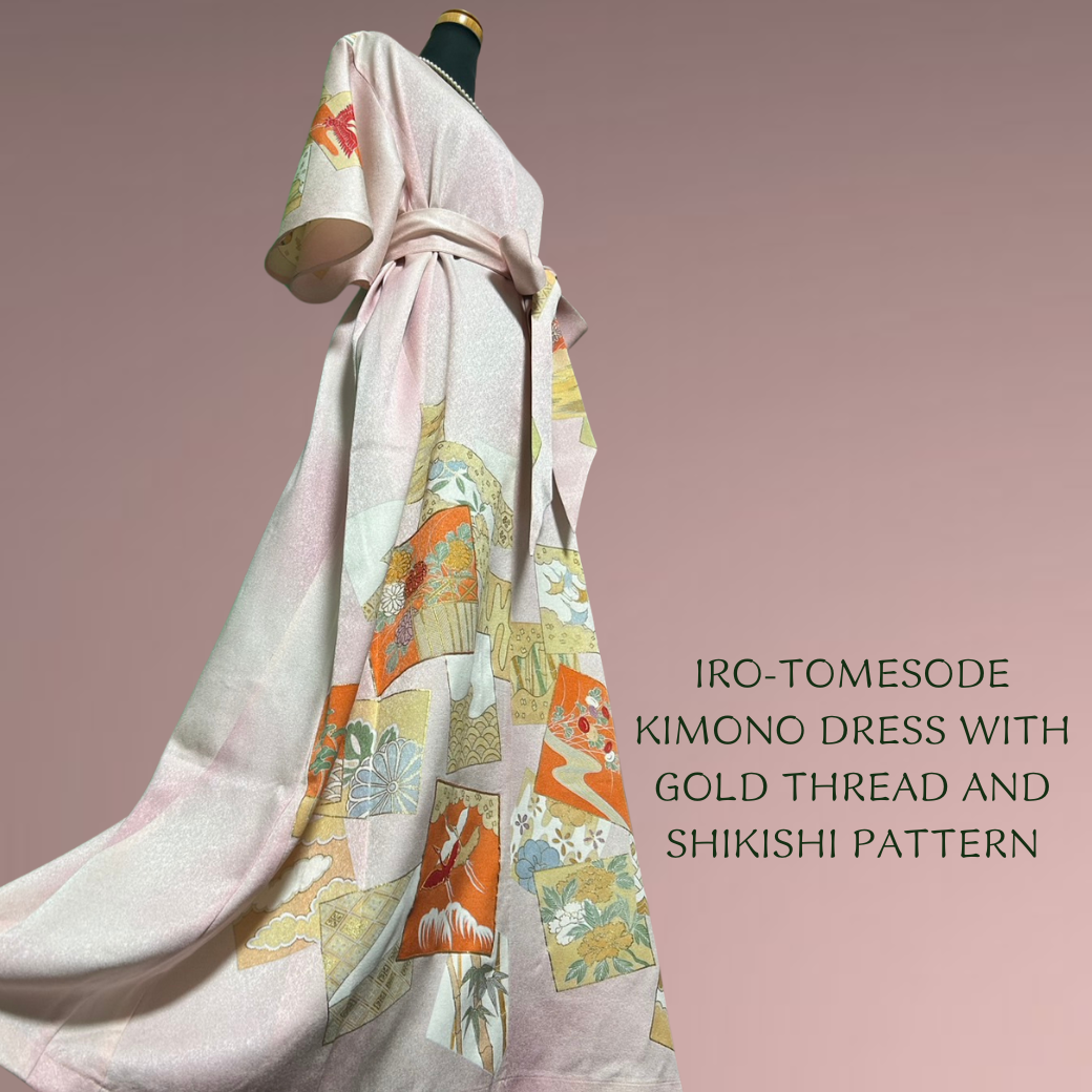 Iro-tomesode Kimono Dress with Gold Thread and Shikishi Pattern