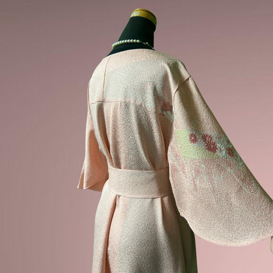 Tsukesage Kimono Dress with Dancing Fans and Flowing Water Pattern