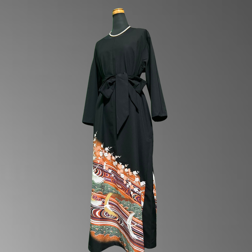 Black Ro Furisode Crane and Pine Plum Kimono Dress with Kabuki-Inspired Colors