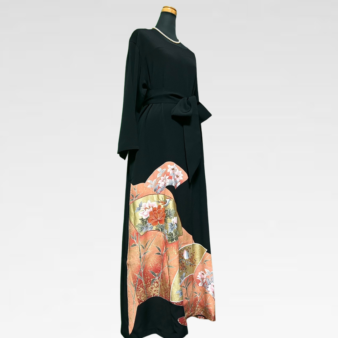 Black Ro Furisode Fan with Flowers and Birds Kimono Dress