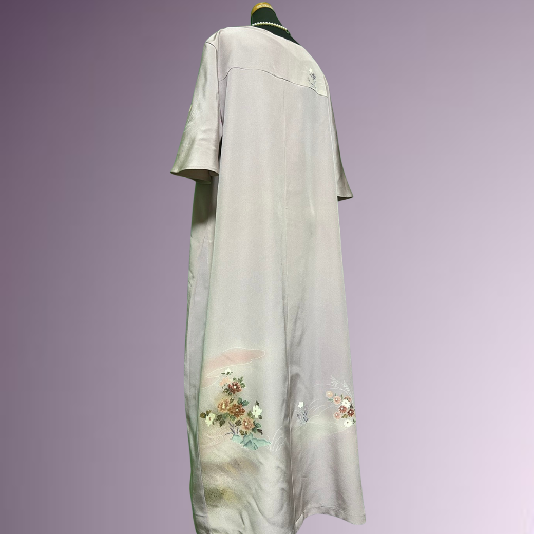 Iro-tomesode Kimono Dress with Gold Leaf, Floral Fence, and Flowing Water Pattern