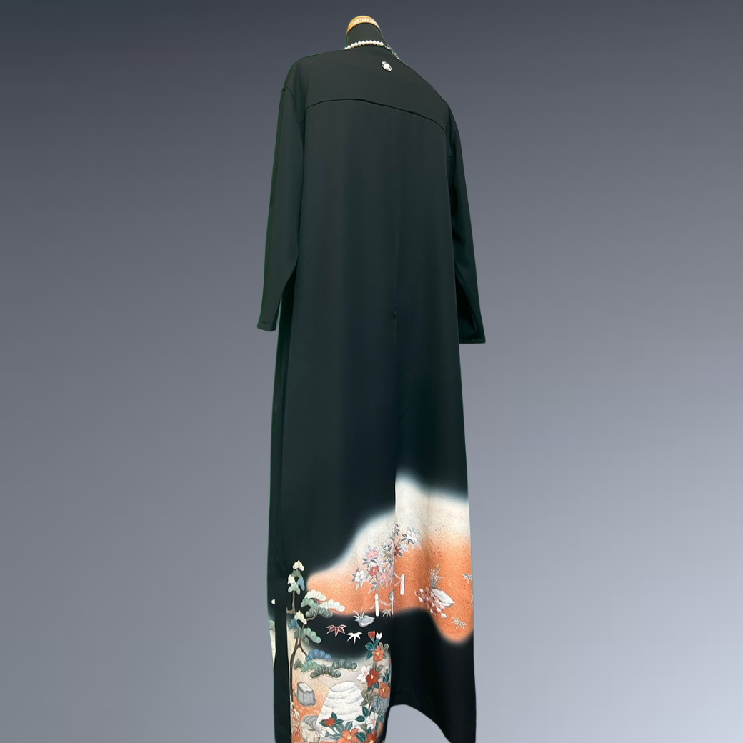 Black Ro Furisode Artisanal Silver Pavilion with Flowers Kimono Dress