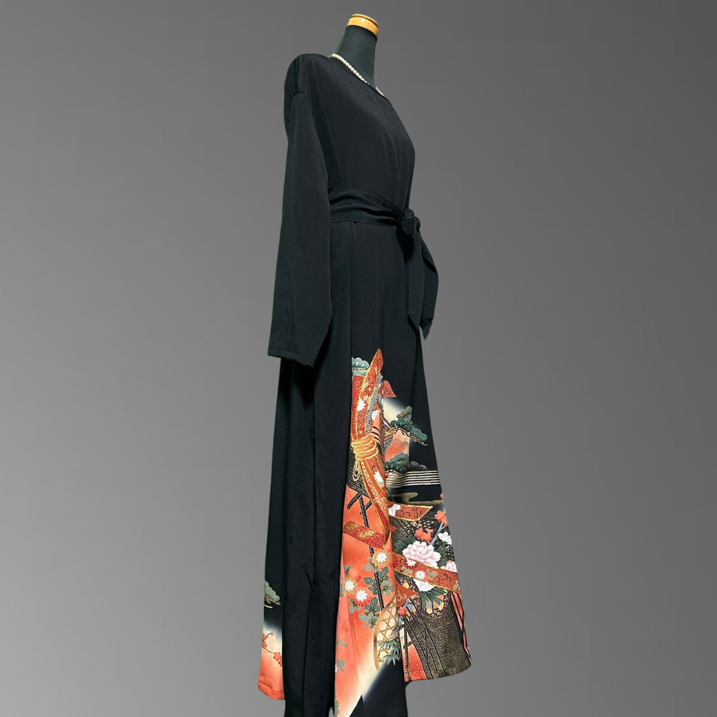 Black Ro Furisode Bridge Pattern with Gold Trimmed Nosh Kimono Dress