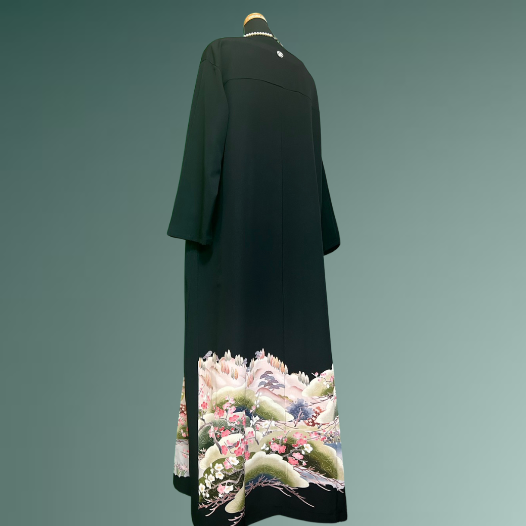 Black Ro Furisode Artisanal Plum and Nijo Castle Kimono Dress