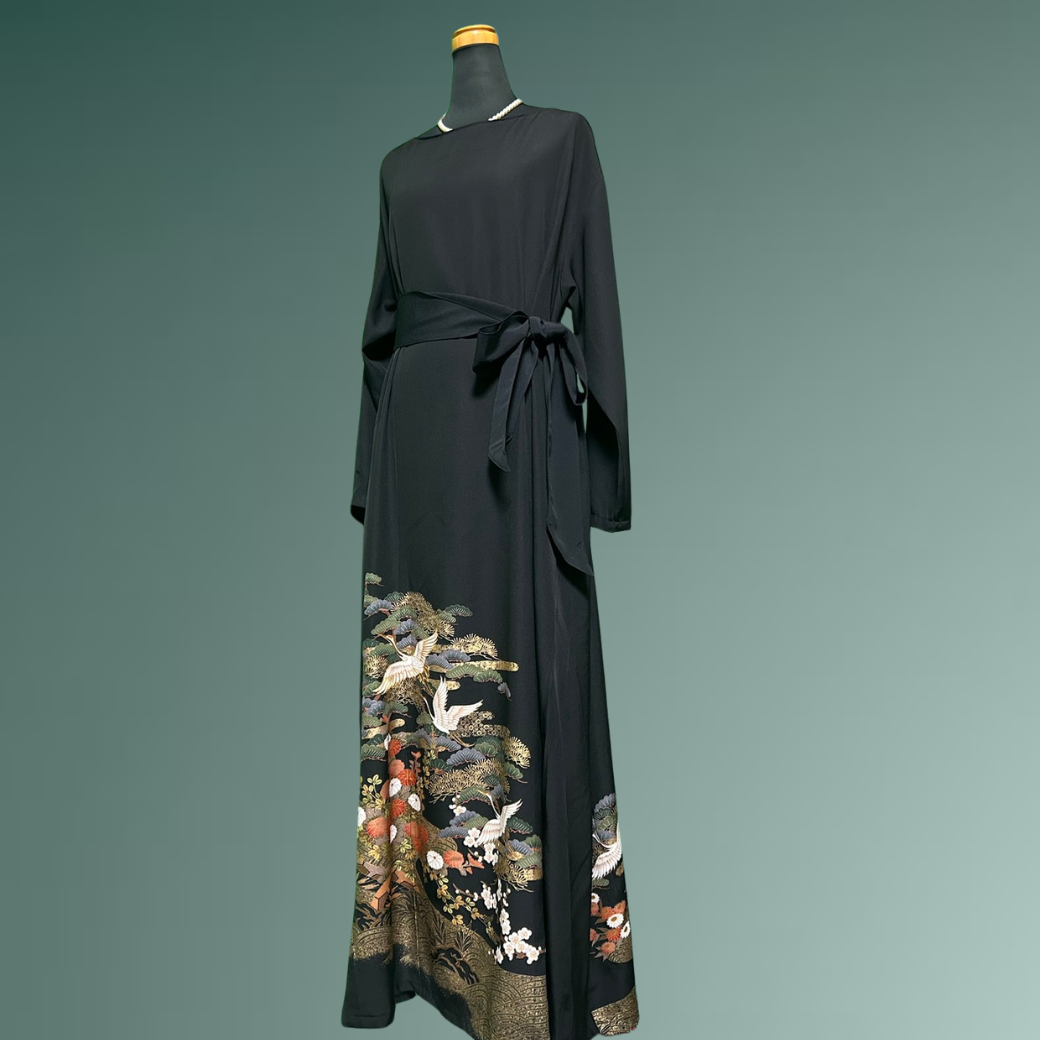 Black Ro Furisode Soaring Cranes and Pine, Bamboo, and Plum Kimono Dress