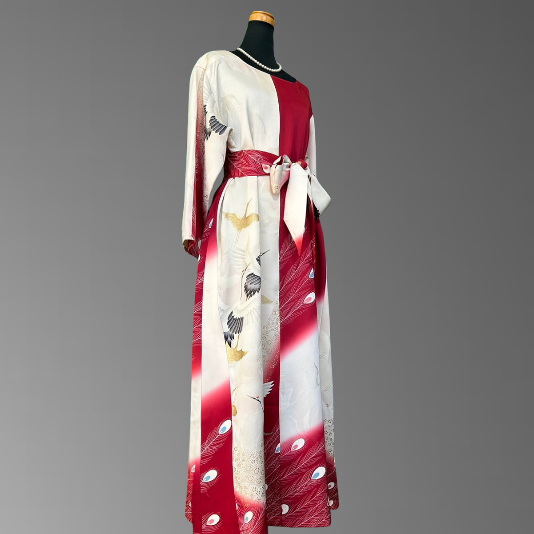 Furisode Crane and Peacock Feather Pattern Kimono Dress