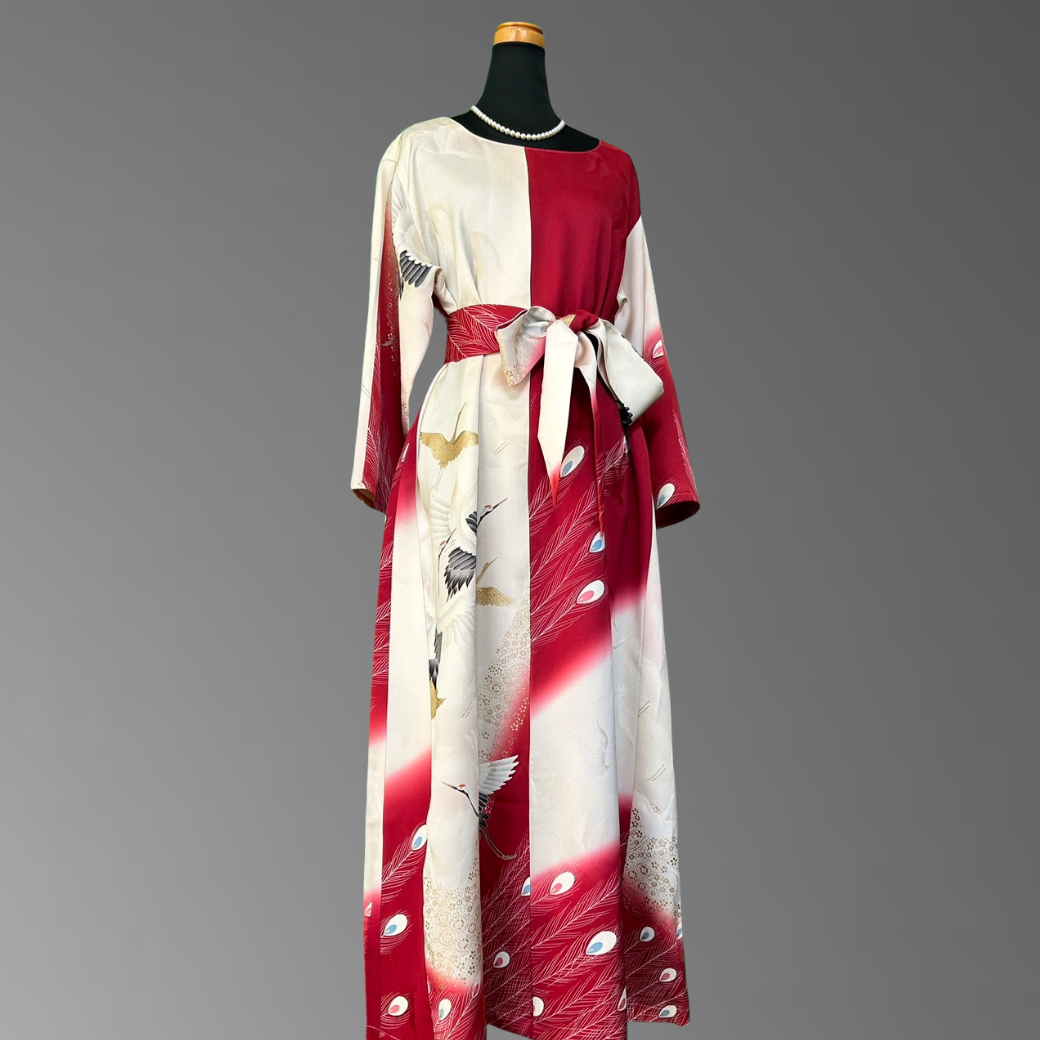 Furisode Crane and Peacock Feather Pattern Kimono Dress