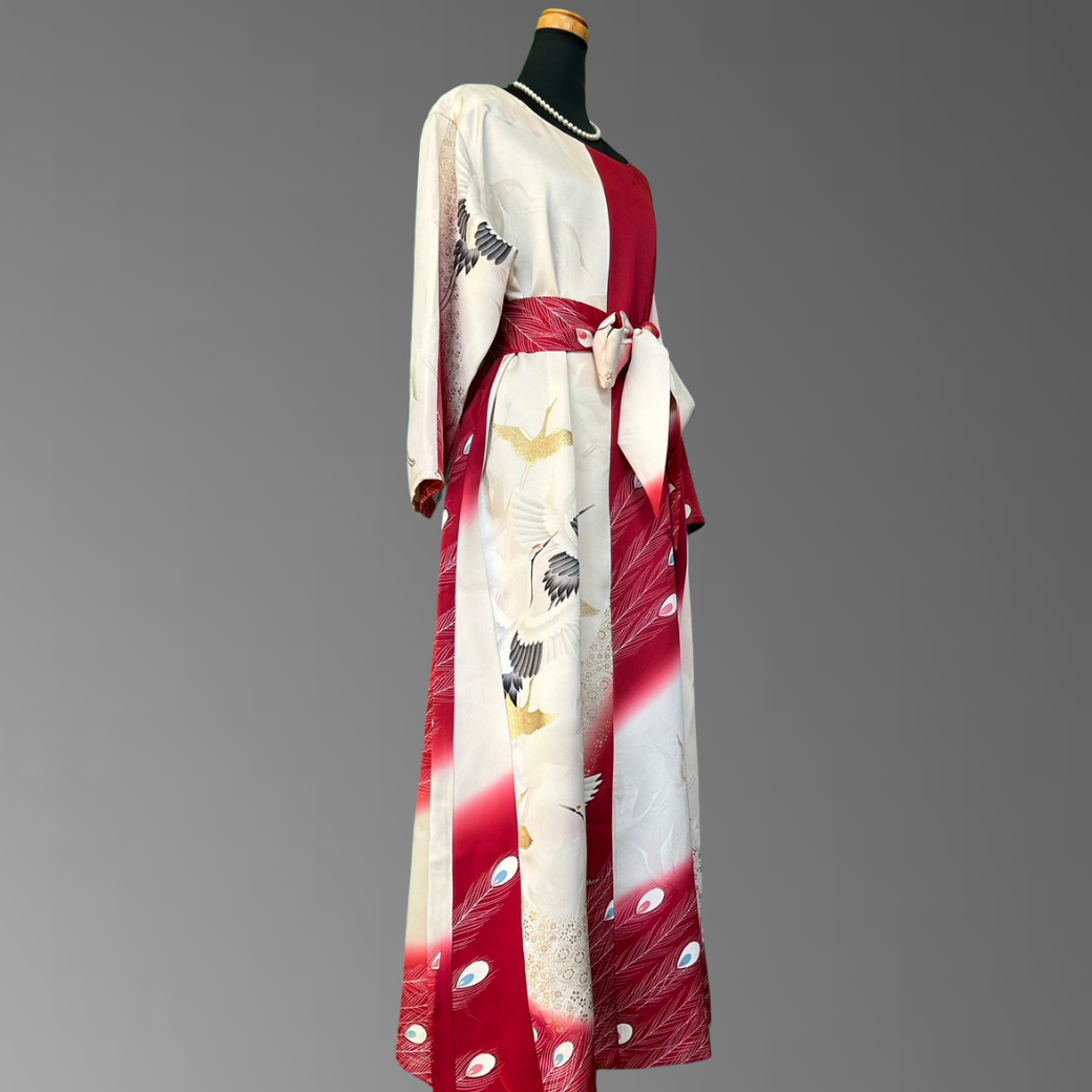 Furisode Crane and Peacock Feather Pattern Kimono Dress