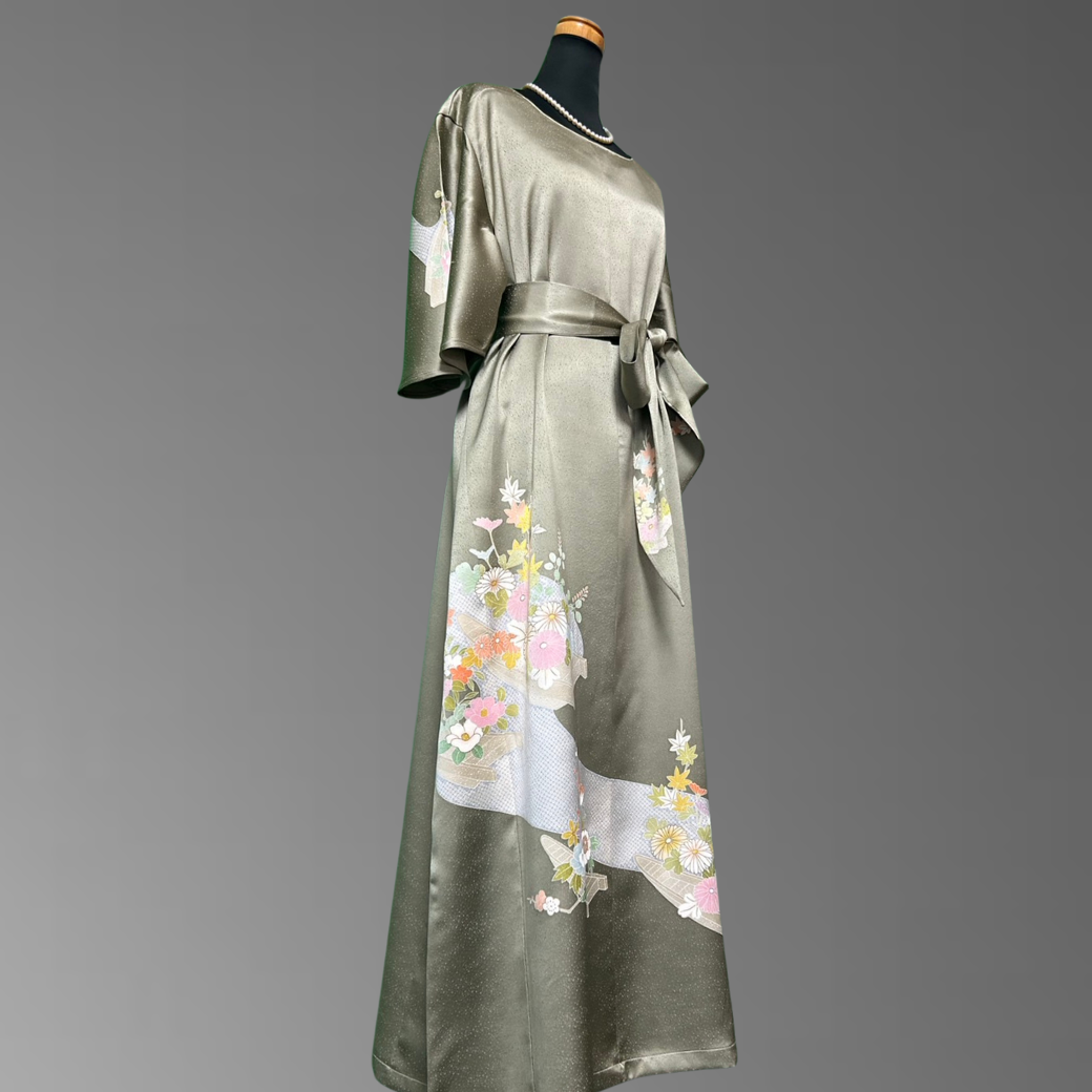 Tsukesage Kimono Dress with Floral and Small Boat Motif