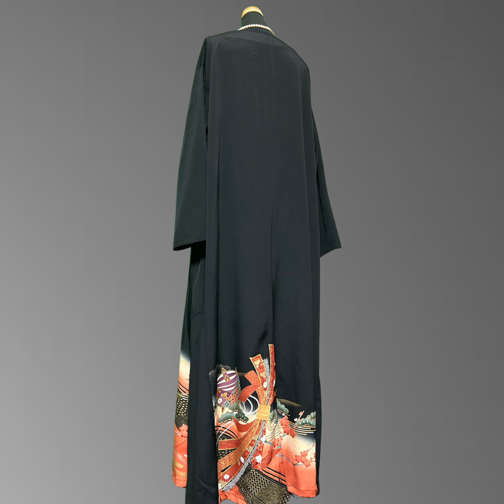 Black Ro Furisode Bridge Pattern with Gold Trimmed Nosh Kimono Dress