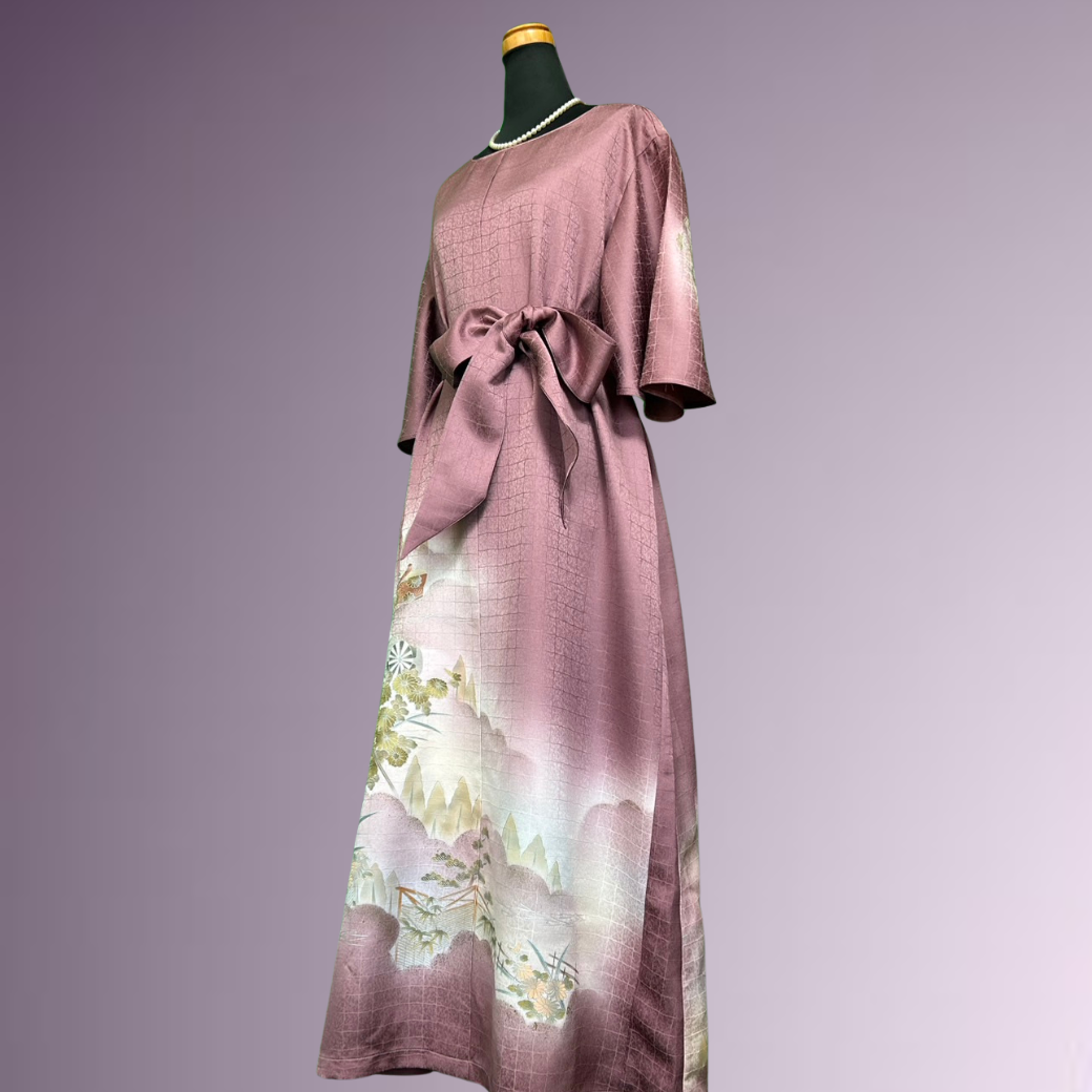 Tsukesage Kimono Dress with Gosho Carriage and Floral Fence Pattern