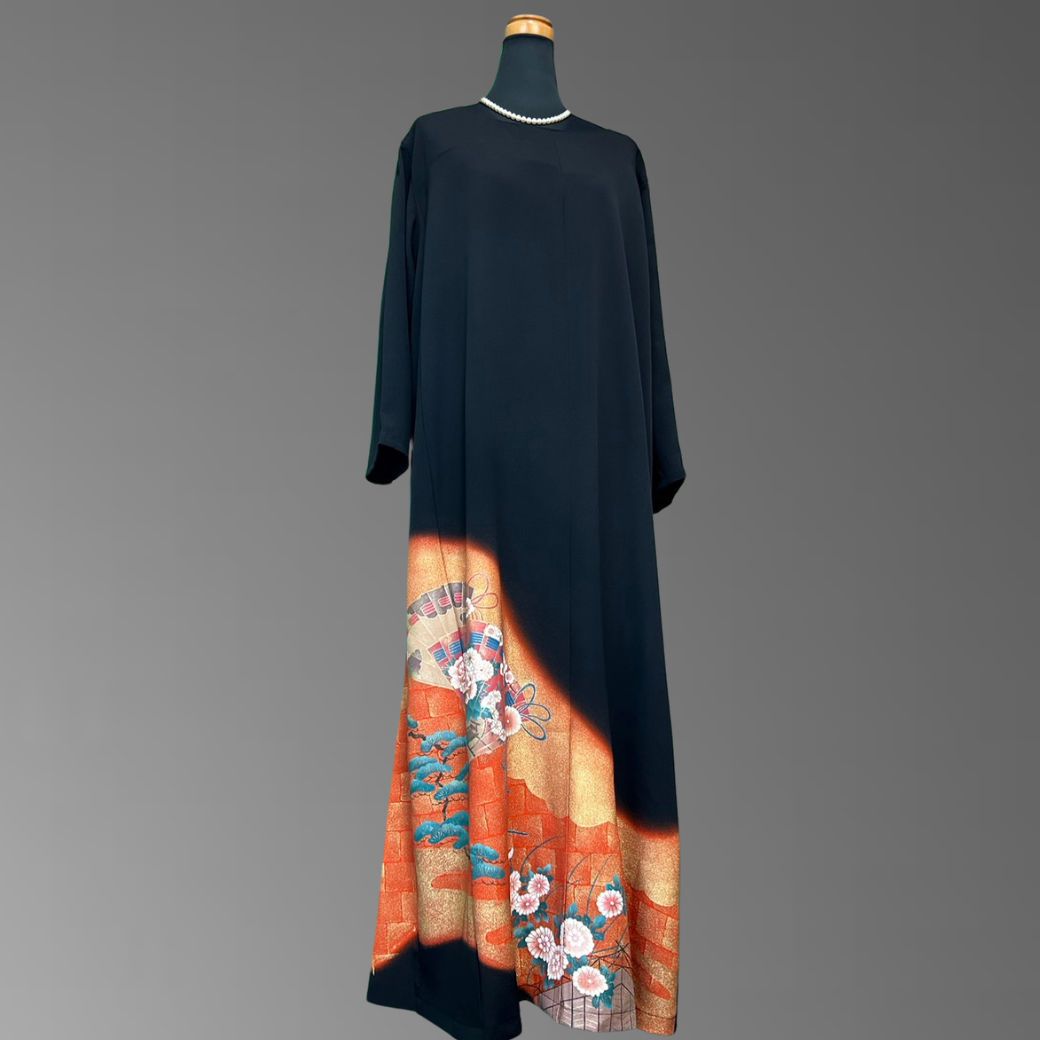 Kurotomesode Hioogi Pine and Chrysanthemum Pattern Kimono Dress