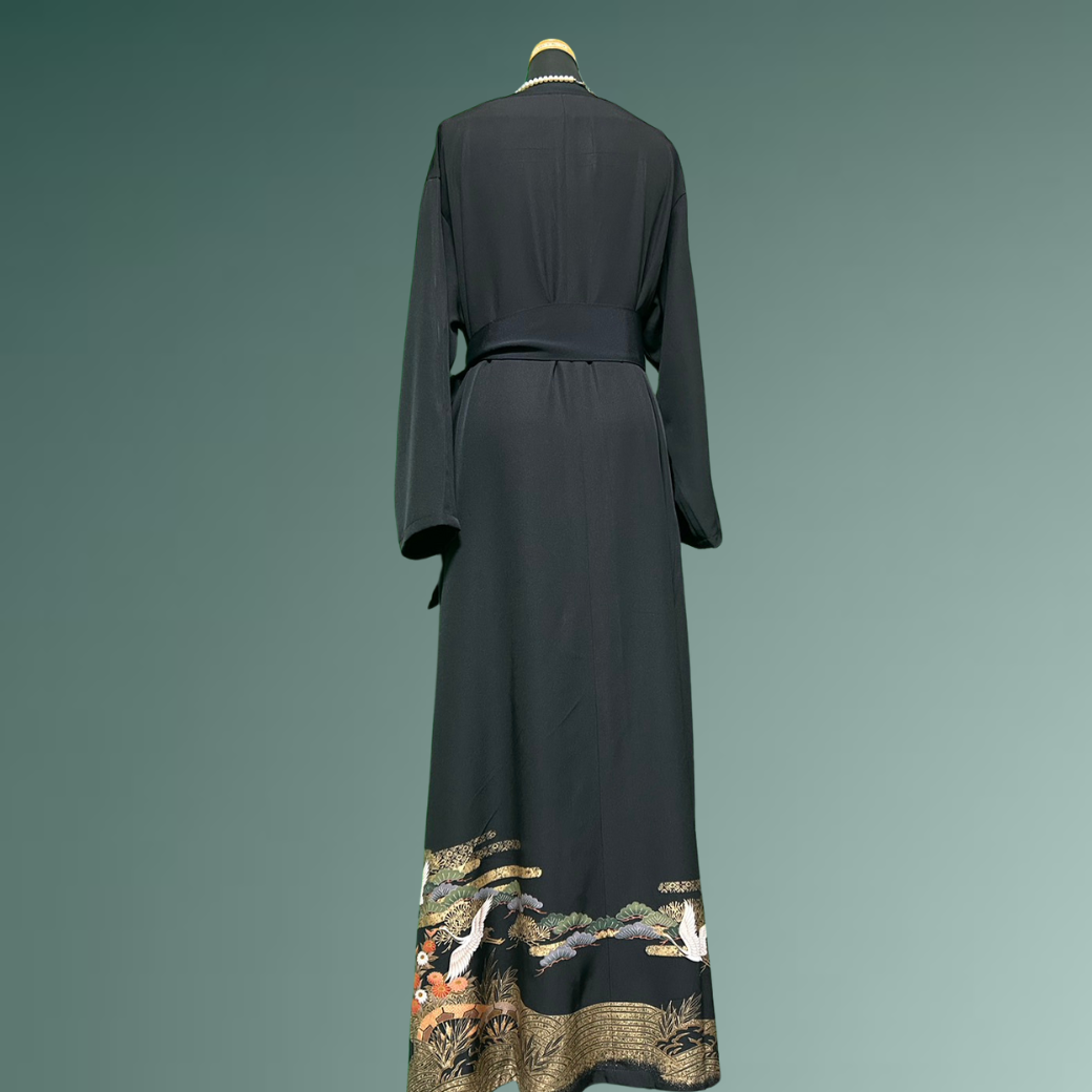 Black Ro Furisode Soaring Cranes and Pine, Bamboo, and Plum Kimono Dress